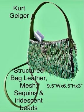 Kurt Geiger “Bond” Crossbody/Shoulder Bag Green Iridescent Beads/Silver sequins